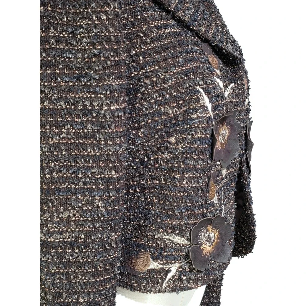 St. John Floral Bouclé Tweed Jacket Womens 8 Brown Excellent 3D Leather Appliqué
